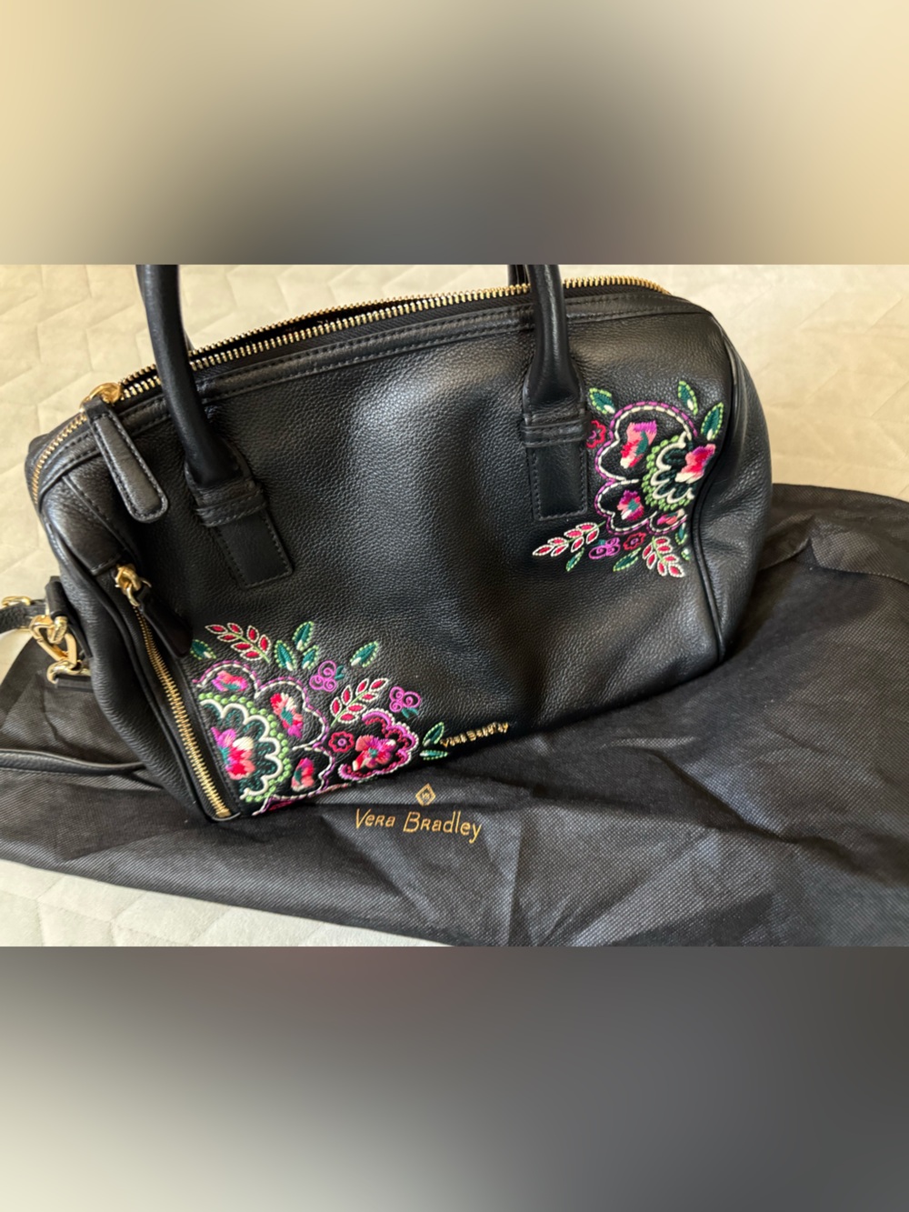 Vera Bradley Black Leather Satchel with Pink & Green Floral Embroidery